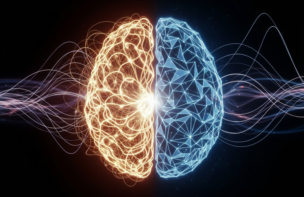 The two worlds of AI visualized as two halves of the human brain. Image generated by Gemini.